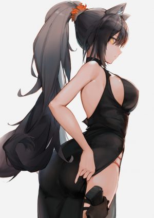 明日方舟,eyyy,兽耳,前发,露肩,胸部,猫耳,汉服,连衣裙,巨乳,长发,视线正对,马尾辫,single,weapon,黄色眼