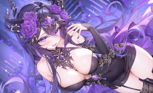 独立虚拟YouTuber,alllisso,露肩,黑发,breasts,cleavage,连衣裙,发饰,长发,长袖,视线正对,開口,紫色眼,紫发,rose,笑顔,single,超长发,Vtuber,絶対領域
