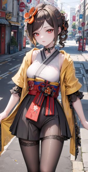 原创,原神,前发,露肩,黑发,黑丝,breasts,茶发,项圈,发饰,和服,长发,视线正对,迷你短裙,オビ,開口,裤袜,褶皱裙,马尾辫,红色眼,缎带,衬衫,短发,短裙,天空,single