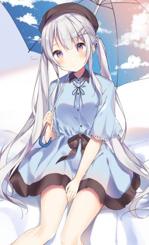 原创,椎野せら,前发,脸红,连衣裙,发饰,holding,长发,紫色眼,银发,天空,single,双马尾,雨伞