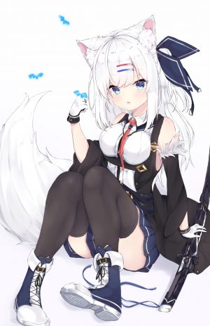 原创,konotuki,动物,兽耳,前发,露肩,黑丝,碧眼,脸红,胸部,蝴蝶,手套,包子头,发饰,武士刀,长发,长袖,视线正对,横乳,缎带,衬衫,短裙,single,剑,白背景,白发