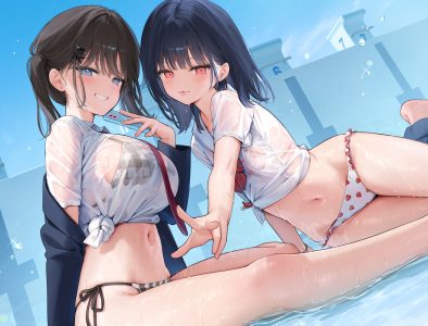 原创,mignon,水着,黑发,碧眼,脸红,breasts,发饰,长发,长袖,视线正对,露脐,红色眼,衬衫,坐姿,笑顔,泳装,双马尾,湿身