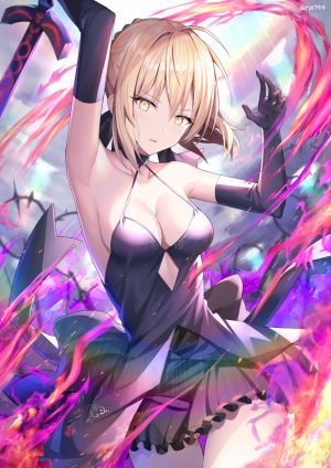 Fate系列,Fate/StayNight,fate/grand_order,阿尔托莉雅·潘德拉贡,黑化Saber,リン☆ユウ,single,長身像,脸红,视线正对,短发,開いた口,胸部,金发,前发,巨乳,黄色眼