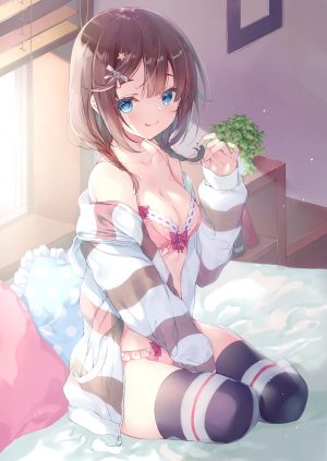 原创,みわべさくら,长发,single,長身像,脸红,视线正对,胸部,前发,茶发,笑顔,露肩,坐姿,全身