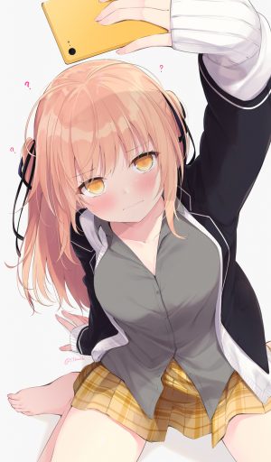 原创,ささはら若葉,长发,粉发,学校制服,坐姿,短裙,single,白背景,黄色眼