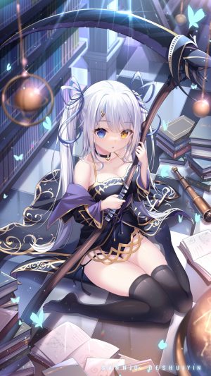 原创,heishan,single,长发,長身像,视线正对,脸红,前发,開いた口,碧眼,双马尾,露肩,坐姿,holding,黄色眼
