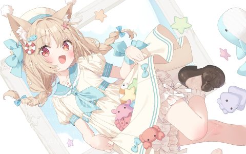 hanamaru_lily,原创,peko,兽耳,灯笼裤,脸红,三股辫,茶发,连衣裙,长发,视线正对,红色眼,笑顔,single,双马尾,白背景