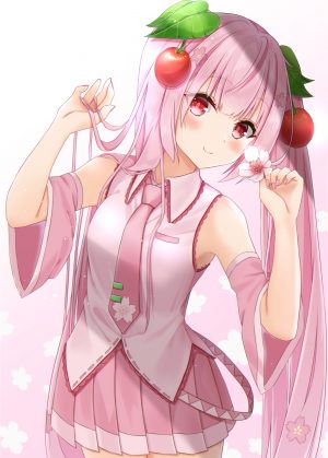 初音ミク,桜ミク,VOCALOID,divergenceok,前发,露肩,脸红,胸部,樱桃,樱花,发饰,holding,长发,视线正对,横乳,迷你短裙,粉发,红色眼,缎带,衬衫,短裙,笑顔,single,黑丝,双马尾