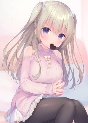 原创,mayumani,前发,黑丝,脸红,三股辫,胸部,茶发,发饰,巨乳,长发,长袖,视线正对,紫色眼,坐姿,短裙,笑顔,single