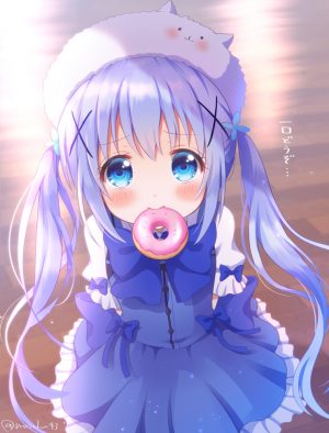 香風智乃,tippy,请问您今天要来点兔子吗?,mozukun43,碧眼,青发,脸红,发饰,长发,视线正对,single,双马尾