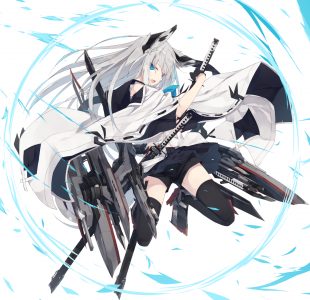 江風,碧蓝航线,凪白みと,兽耳,前发,碧眼,キャノン,礼服,手套,holding,カタナ,江风,长发,长袖,短裙,single,剑