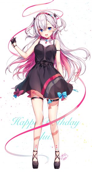 Vtuber,saikyou_virtual_talent_audition,結目ユイ,米白粕,长发,single,長身像,脸红,视线正对,開いた口,碧眼,前发,笑顔,白背景,露肩,银发