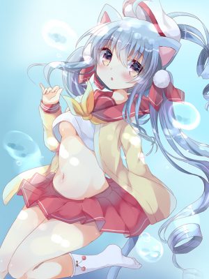 原创,栗柚クリュー,呆毛,兽耳,前发,青发,脸红,胸部,棕色眼,泡泡,猫耳,猫娘,猫尾,长发,长袖,视线正对,衬衫,短裙,single,双马尾,白丝