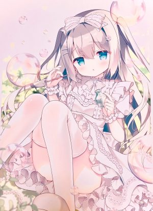 原创,あづみ一樹,碧眼,breasts,茶发,连衣裙,发饰,holding,长发,视线正对,坐姿,single,丝袜,超长发,白丝