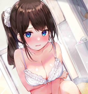 原创,rouka,露肩,碧眼,bra,breast_hold,胸部,茶发,cleavage,发饰,巨乳,长发,视线正对,開いた口,马尾辫,single,下着