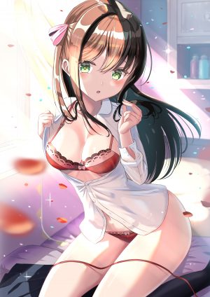 原创,wander00317,长发,single,長身像,脸红,视线正对,前发,開いた口,胸部,茶发,坐姿,巨乳,绿色眼,cleavage