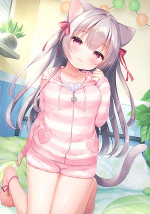 原创,mayumani,兽耳,前发,裸足,铃,脸红,胸部,猫耳,猫娘,猫尾,长发,长袖,红色眼,貧乳,笑顔,single