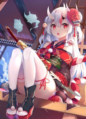 Vtuber,Hololive,百鬼菖蒲,瓦瓦子ooc,长发,single,長身像,脸红,视线正对,開いた口,前发,红色眼,坐姿,天空,银发