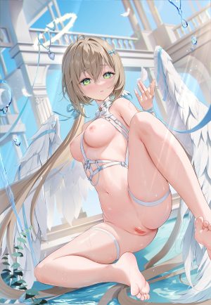 ほうき星,天使,bottomless,breasts,garter,nipples,No-Bra,猫咪,uncensored,翅膀