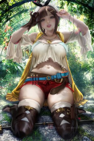アトリエシリーズ,莱莎的炼金工房,GUST社,莱莎琳・斯托特,sakimichan,single,長身像,脸红,视线正对,短发,開いた口,前发,胸部,茶发,棕色眼,坐姿,巨乳,cleavage