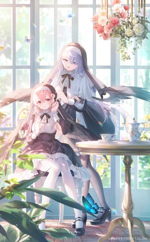 原创,遠坂あさぎ,碧眼,青发,蝴蝶,连衣裙,全身,长发,长袖,视线正对,開口,裤袜,粉发,红色眼,坐姿,笑顔,丝袜,白丝,翅膀