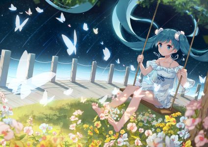 鈅鈅,初音ミク,VOCALOID,裸足,蝴蝶,长发,双马尾