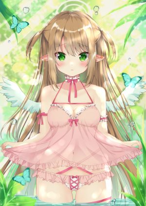 原创,はみころん,动物,前发,露肩,脸红,胸部,茶发,蝴蝶,cleavage,绿色眼,长发,横乳,露脐,胖次,尖耳,single,下着,翅膀