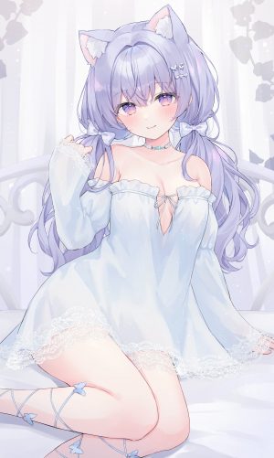 茶乃ひより,原创,兽耳,露肩,脸红,breasts,cleavage,发饰,长发,长袖,视线正对,项链,紫色眼,紫发,坐姿,笑顔,single,双马尾