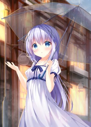 香風智乃,请问您今天要来点兔子吗?,pizzzica,前发,碧眼,青发,脸红,胸部,连衣裙,发饰,holding,长发,视线正对,rain,貧乳,single,雨伞