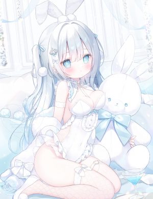 原创,omochi_monaka,兽耳,露肩,碧眼,青发,脸红,breasts,cleavage,发饰,长发,视线正对,缎带,single,毛绒玩具,丝袜,超长发,白发,白丝