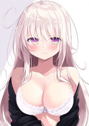 mizuki_sasahara,sachiiro_hanamizuki,ささはら若葉,呆毛,露肩,bra,胸部,cleavage,巨乳,长发,视线正对,紫色眼,银发,single,下着