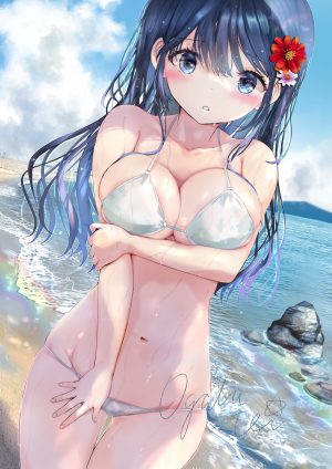 原创,緒方てい,海滩,水着,黑发,碧眼,青发,脸红,breasts,发饰,长发,视线正对,露脐,紫发,rock,single,泳装