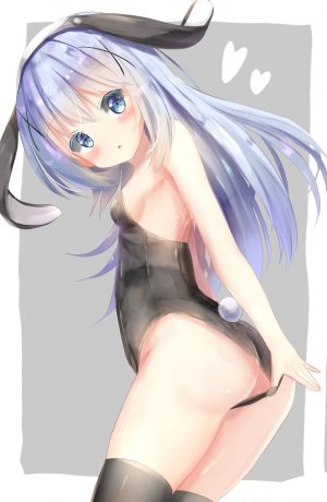 香風智乃,请问您今天要来点兔子吗?,夏奈なつ,兽耳,前发,露肩,黑丝,碧眼,青发,脸红,胸部,兔耳,发饰,长发,视线正对,貧乳,single,白背景