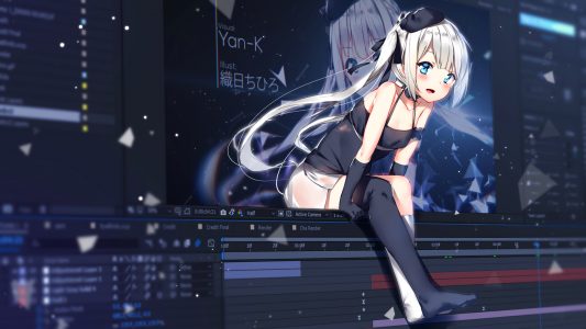 織日ちひろ,原创,脸红,项圈,kneehighs,长发,短裙,黑丝,双马尾,白发,watermark