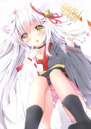 shiyou,原创,ふぇありぃあい,兽耳,ベル,和服,长发,长袖,仮面,オビ,短裙,白发,黄色眼