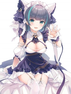 チェシャー,碧蓝航线,kanora,碧眼,青发,脸红,胸部,cleavage,连衣裙,视线正对,横乳,開いた口,坐姿,笑顔,single,黑丝,白背景,白丝
