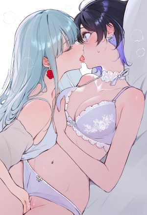 qiandaiyiyu,原创,露肩,青发,脸红,bra,breasts,项圈,cleavage,舌吻,上位,长发,横臥,開口,胖次,紫色眼,紫发,猫咪,妹汁,rose,衬衫,下着,百合