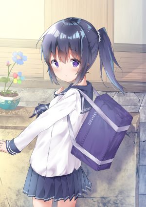 オリジナル,白木栞,ソロ,長身像,赤面,短い髪,カメラ目線,黒髪,前髪,青い髪,立つ,holding,ポニーテール,pleated_skirt,payot,outdoors