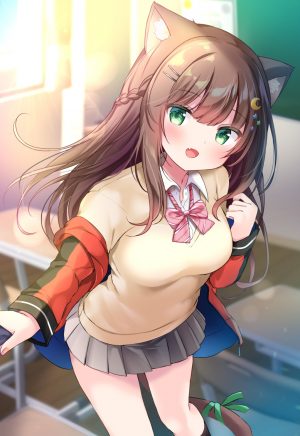 原创,masayo,兽耳,前发,脸红,三股辫,胸部,茶发,猫耳,猫娘,猫尾,绿色眼,发饰,长发,长袖,视线正对,横乳,開いた口,缎带,学校制服,短裙,笑顔,single,白背景