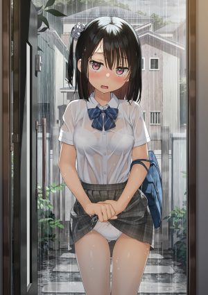 雫,原创,kantoku,前发,黑发,脸红,bra,胸部,发饰,长发,横乳,開いた口,胖次,rain,学校制服,衬衫,短裙,single,下着,湿身