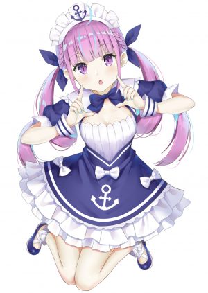Vtuber,Hololive,湊あくあ,hujinoyume,长发,single,長身像,视线正对,白背景,双马尾,紫色眼,紫发,cleavage