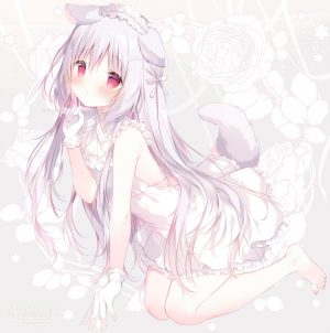 原创,しらたま,兽耳,露肩,脸红,犬娘,连衣裙,手套,灰发,发饰,长发,红色眼,single,超长发