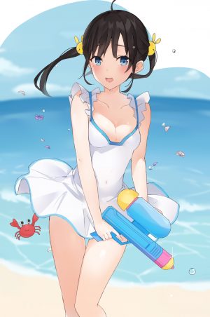 原创,inanami,呆毛,前发,露肩,海滩,黑发,脸红,胸部,cleavage,发饰,holding,视线正对,横乳,開いた口,短发,single,泳装,双马尾