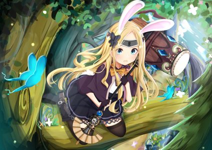 アビゲイル・ウィリアムズ,fate,阿比盖尔·威廉姆斯,兽耳,前发,黑丝,金发,碧眼,兔耳,兔女郎,蝴蝶,连衣裙,Fate/Grand_Order,Fate系列,手套,发饰,holding,长发,视线正对,single
