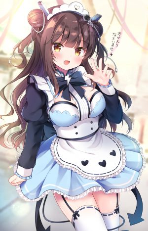 原创,masayo,围裙,脸红,胸部,棕色眼,茶发,双团子头,连衣裙,发饰,长发,长袖,视线正对,女仆,横乳,開いた口,笑顔,single,黑丝,白丝