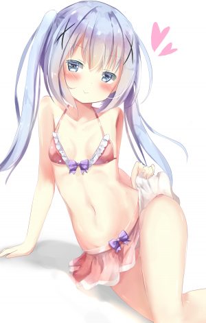香風智乃,请问您今天要来点兔子吗?,夏奈なつ,前发,露肩,水着,碧眼,青发,脸红,胸部,发饰,长发,视线正对,露脐,貧乳,single,泳装,双马尾
