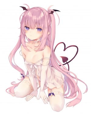 原创,玉之けだま,前发,露肩,碧眼,脸红,胸部,项圈,長手袋,手套,长发,视线正对,露脐,nopan,開いた口,粉发,尖耳,缎带,貧乳,single,魅魔,黑丝,白丝,翅膀