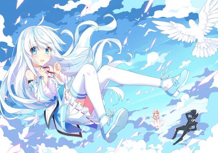 空気少女,碧眼,长发,视线正对,開いた口,短裙,天空,黑丝,白发