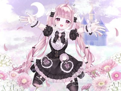 原创,あでりーぬ,呆毛,黑丝,脸红,皇冠,连衣裙,全身,发饰,长发,视线正对,開口,粉发,笑顔,single,丝袜,双马尾,超长发
