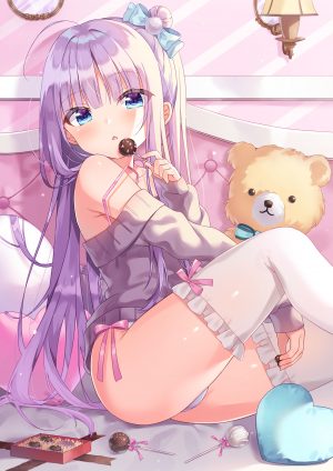 原创,シオノ,长发,single,長身像,脸红,视线正对,前发,碧眼,露肩,坐姿,holding,紫发,呆毛,萝莉